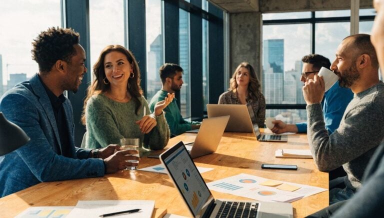 Professionals collaborating in a modern office during a team meeting, showcasing workforce solutions for growing businesses.